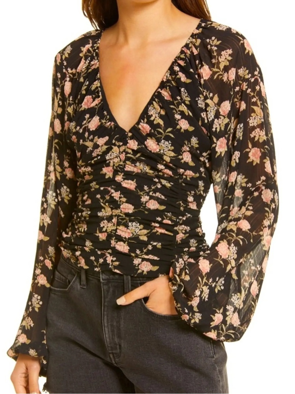 Free People Final Rose Floral Balloon Sleeve Blouse Size XS Sheer Ruched